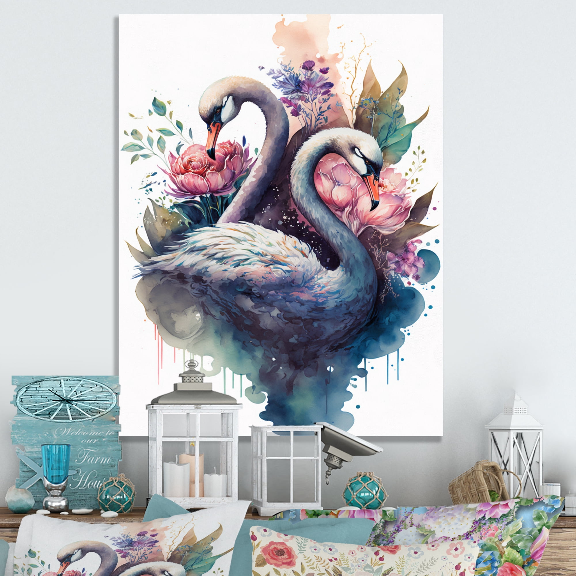 Designart Cute Swans Floral Art II Canvas Wall Art
