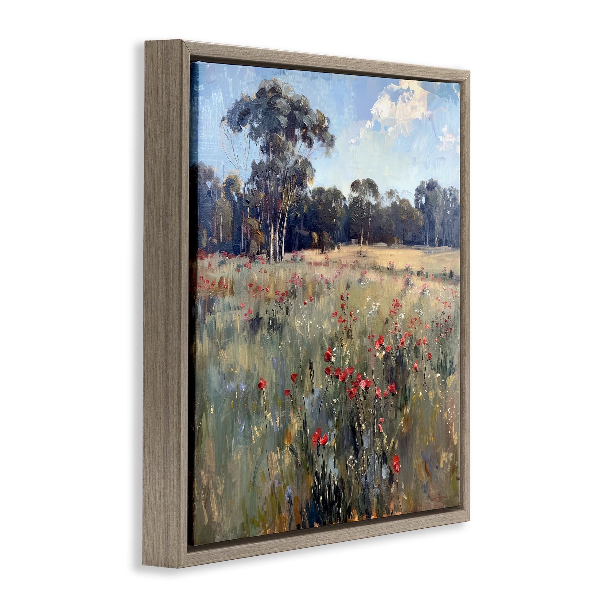 Stupell Industries Poppies in Vast Field Landscape & Nature Painting Brown Floater Framed Canvas Art Print Wall Art, 18 x 18
