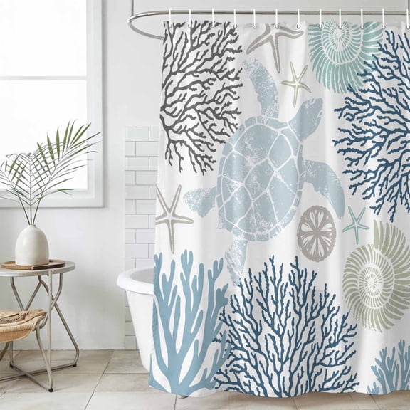 Blue Beige Coastal Turtle Waterproof Fabric Shower Curtain,Ocean Coral Nautical Waterproof Fabric Shower Curtain for Bathroom Curtains Bathtubs Hotel Shower Curtains with 12 Hooks Long 72x78in