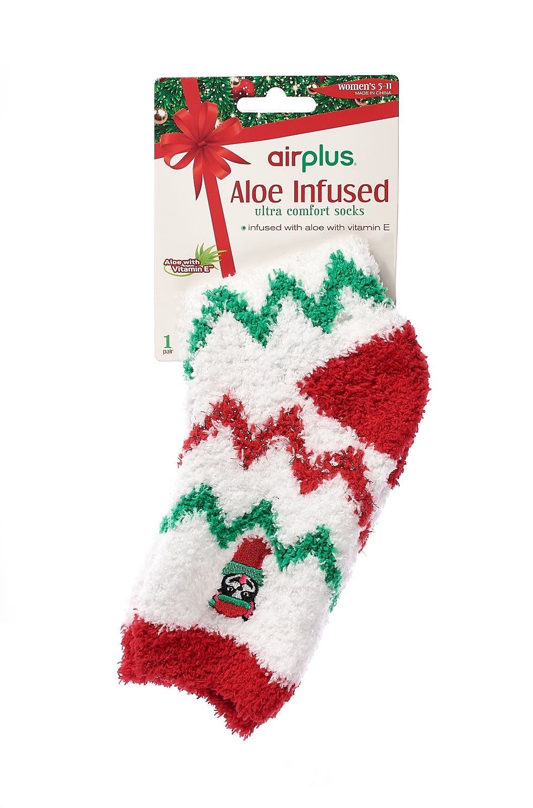 Airplus Holiday Aloe-Infused Spa Crew Socks, White Chevron Women's Medium 5-10.  Step into coziness when you pull on our Airplus crew socks. Infused with aloe, these socks will keep your feet warm.