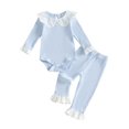 thumbnail image 2 of Cjfdfy Newborn Baby Girls Fall Outfit Lace Patchwork Ribbed Doll Collar Long Sleeve Romper And Elastic Lace Trim Pants Set Cute Solid Color Coming Home Fall Winter Outfit 0-12 Monthes, 2 of 10