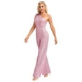 thumbnail image 4 of LiiYii Women Evening Sparkly Jumpsuit One Shoulder Sleeveless Party Sequins Rompers High Waist Wide Leg Pink M, 4 of 7