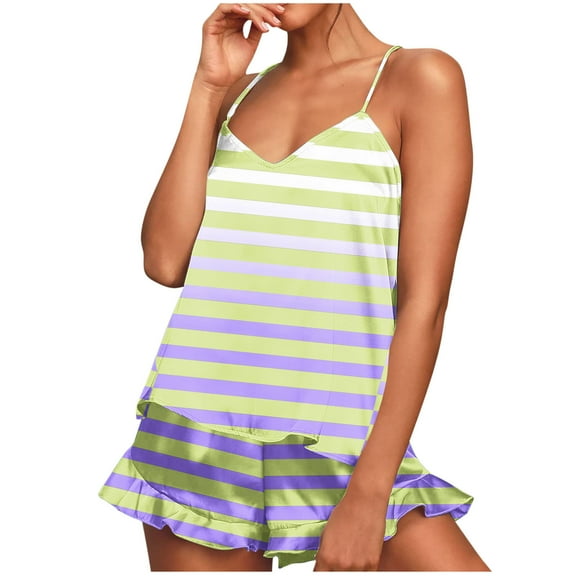 MGDXOX Silk Pajama Sets for Women 2 Piece Satin Pj Set Tank Top and Shorts Casual Ruffles Striped Print Soft Nightwear Green M