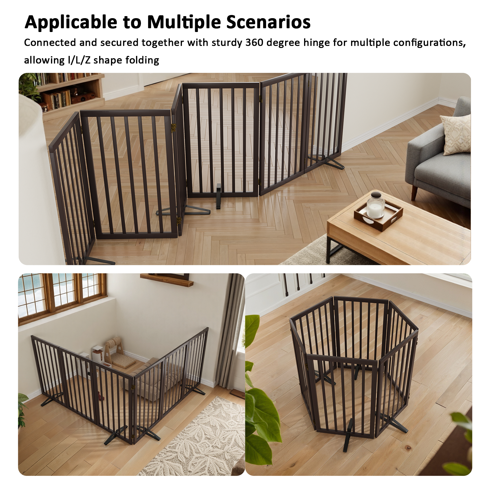 Smart FENDEE 6 Panel Foldable Bamboo Freestanding Pet Gate with Dog Gate, Expands to 110 in Wide