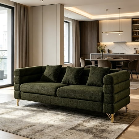 AUU 81-Inch Oversized 3-Seater Sectional Sofa, Deep Seating Comfort Fabric Couch with 3 Pillows for Living Room, Bedroom, or Office, Green Teddy Fabric