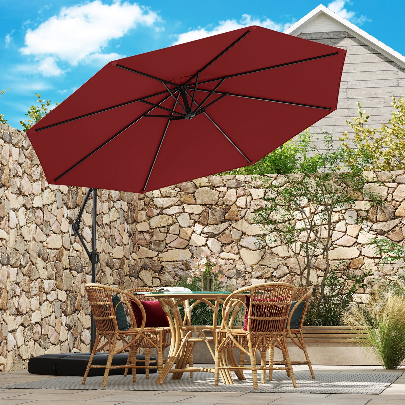 Gymax 10 FT Offset Hanging Umbrella with Base Patio Cantilever Umbrella w/ Infinite Tilt Red