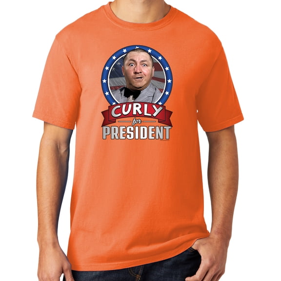 Mens Three 3 Stooges Curly for President Cotton Tee Shirt, Small Cantaloupe Orange