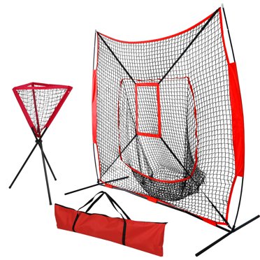 Filet D'entraînement Baseball 7'x7' Avec Tee - Pour Frappe Et Lancer - Nylon Rouge/noir