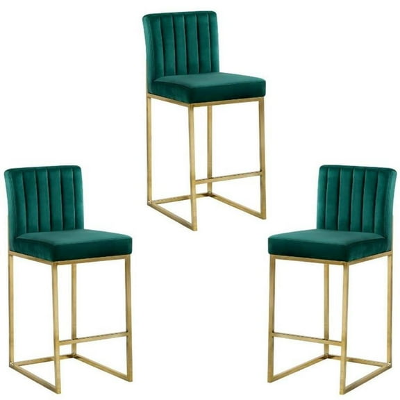 Home Square 3 Piece 26" Velvet Counter Stool Set with Gold Metal Base in Green