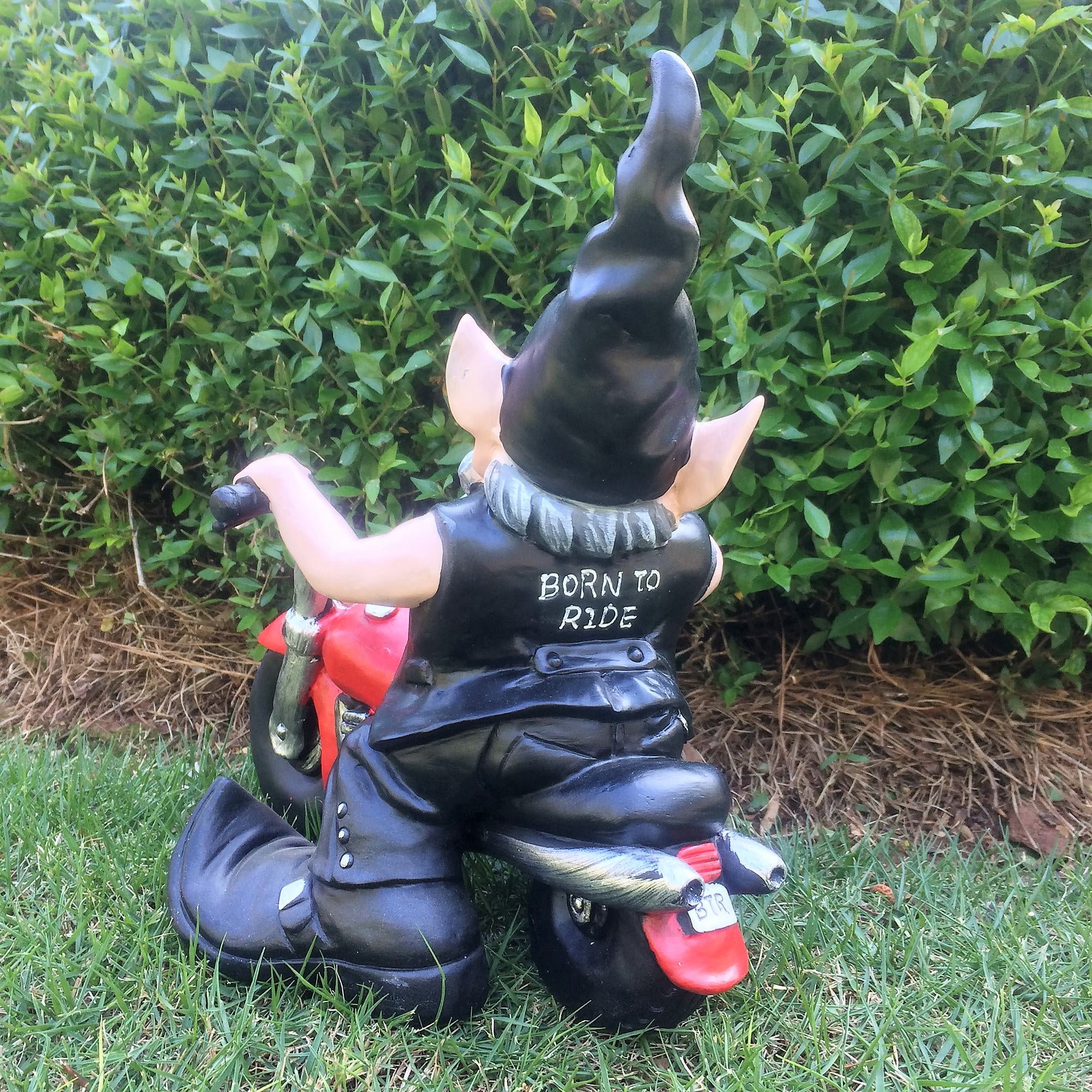 Homestyles "Biker Babe & Dude" the Biker Gnome in Leather Motorcycle Gear Riding His Red Hog Large Outdoor Garden Statue 14.5"H and 12"H