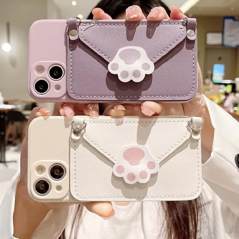 Purple Phone Case with Cute Cat Paw Card Holder & Adjustable