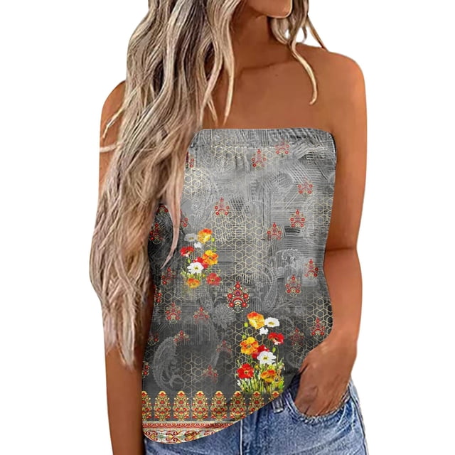Crop Tank Tops Para Mujer Mujeres Casual Color a juego sin tirantes Bandeau sin mangas verano vacaciones suelta vacaciones Top camisa blusa mujeres Top (Grey, S)