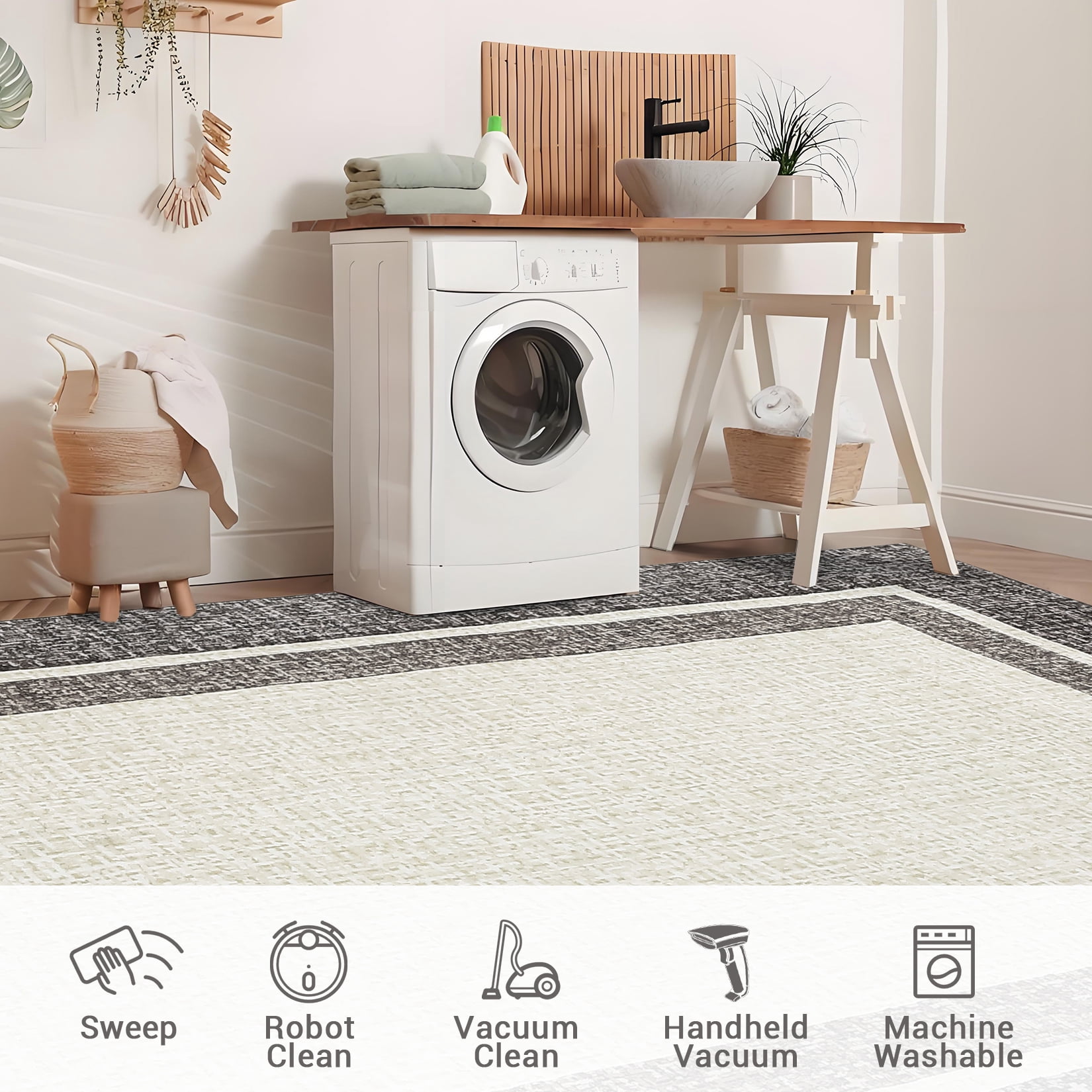 Hasoo Area Rugs for Living Room Washable 9x12 Rugs Chic Geometric Style Border Rug for Bedroom Dining Room Throw Indoor Carpet Brown