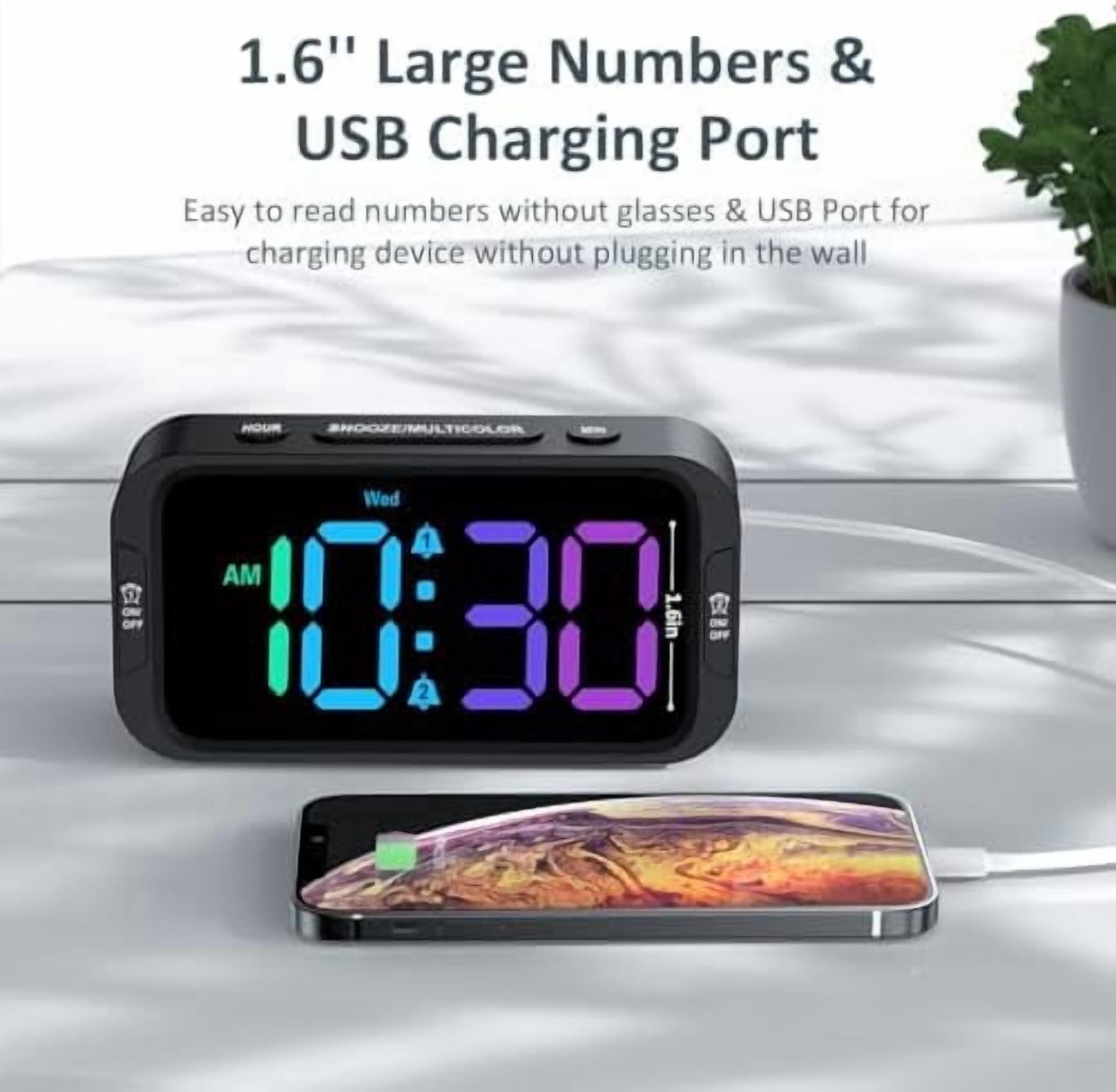 Digital Dual Alarm Clock for Bedroom: RGB Electric Clock with USB Charger for Kids Teens - Dimmable Clock with Weekday Weekend Mode for Bedside Desk