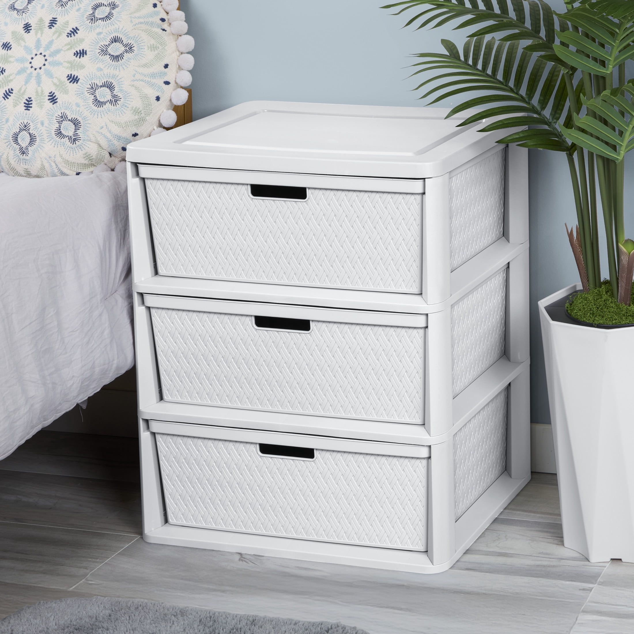 (2 pack) Sterilite Wide 3 Drawer Tower, Plastic Storage Organizer with Removable Decorative Bins, Easy to Assemble - No Tools Needed, White