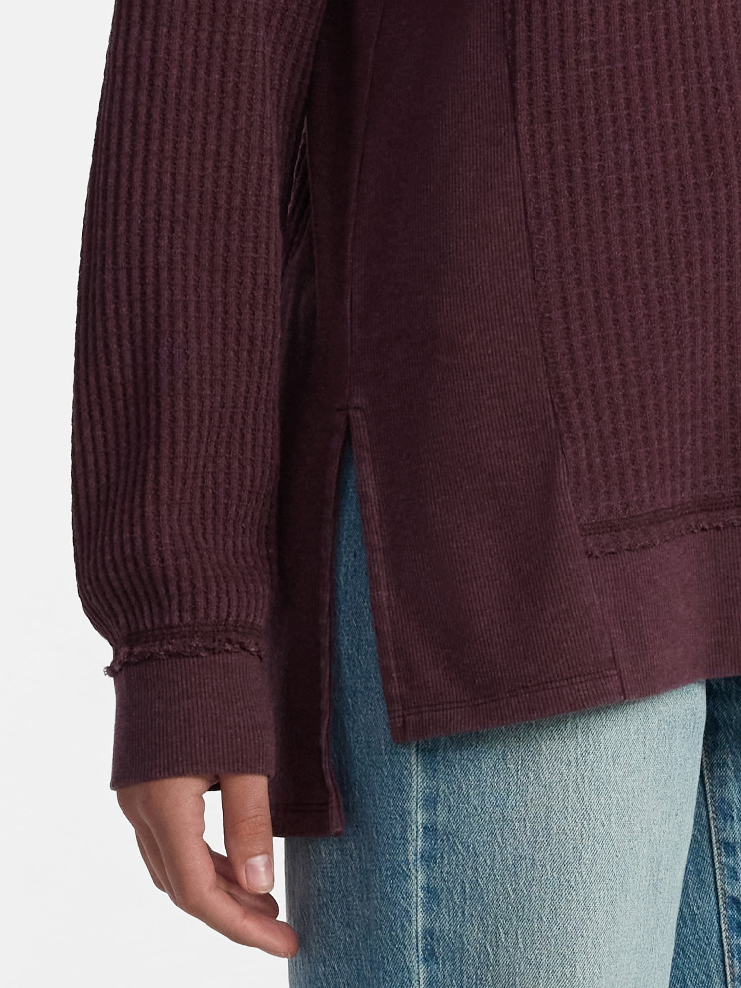 Time and Tru Women's Waffle Knit Tunic V-Neck Sweatshirt with Long Sleeves, Sizes XS-3XL