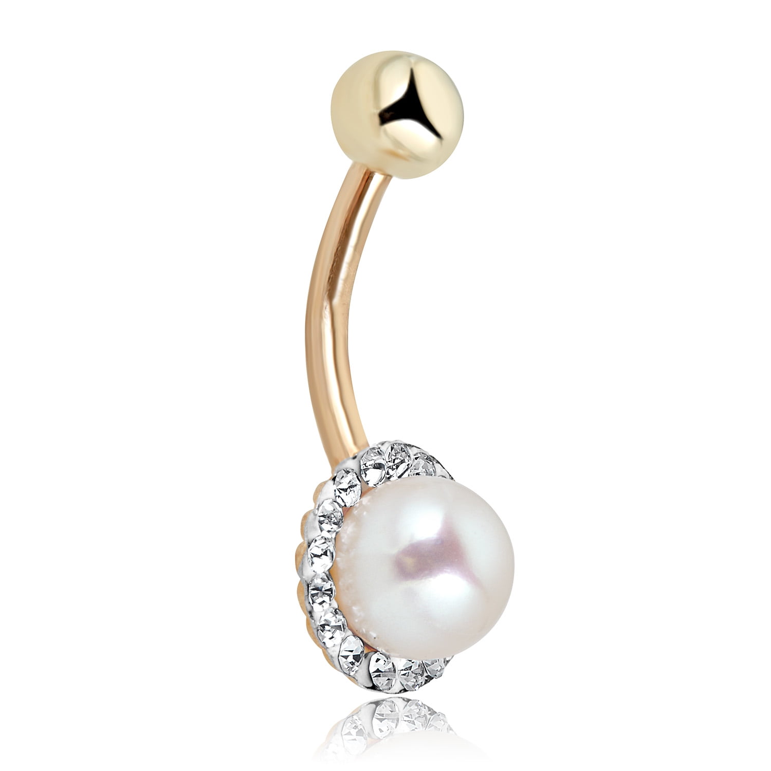 AVORA 10K Yellow Gold Cultured Freshwater Pearl and  Crystal Belly Button Ring Body Jewelry (14 Gauge)