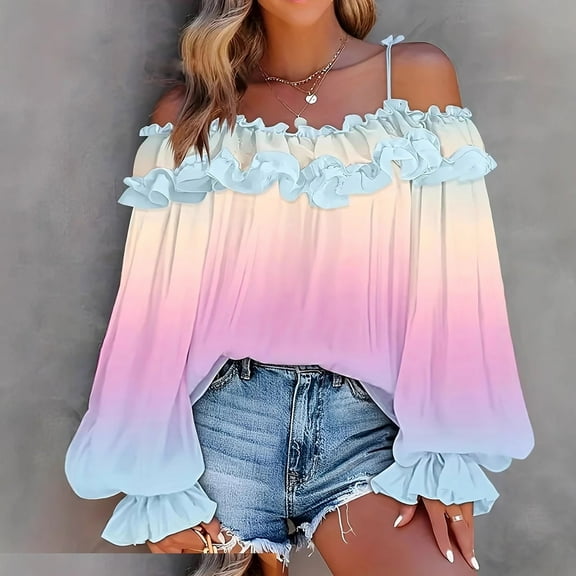 ylioge S-5X Plus Size Shirts for Women Off the Shoulder Long Sleeve Blouses Tops Womens Trendy Gradient Printed Ruffled Pullover Hawaiian Beach Top