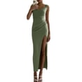 thumbnail image 4 of Women'S Slip Long Dress Cowl Neck Backless Ruched Bodycon Side Split Cocktail Party Night Out Dress Green XS, 4 of 9