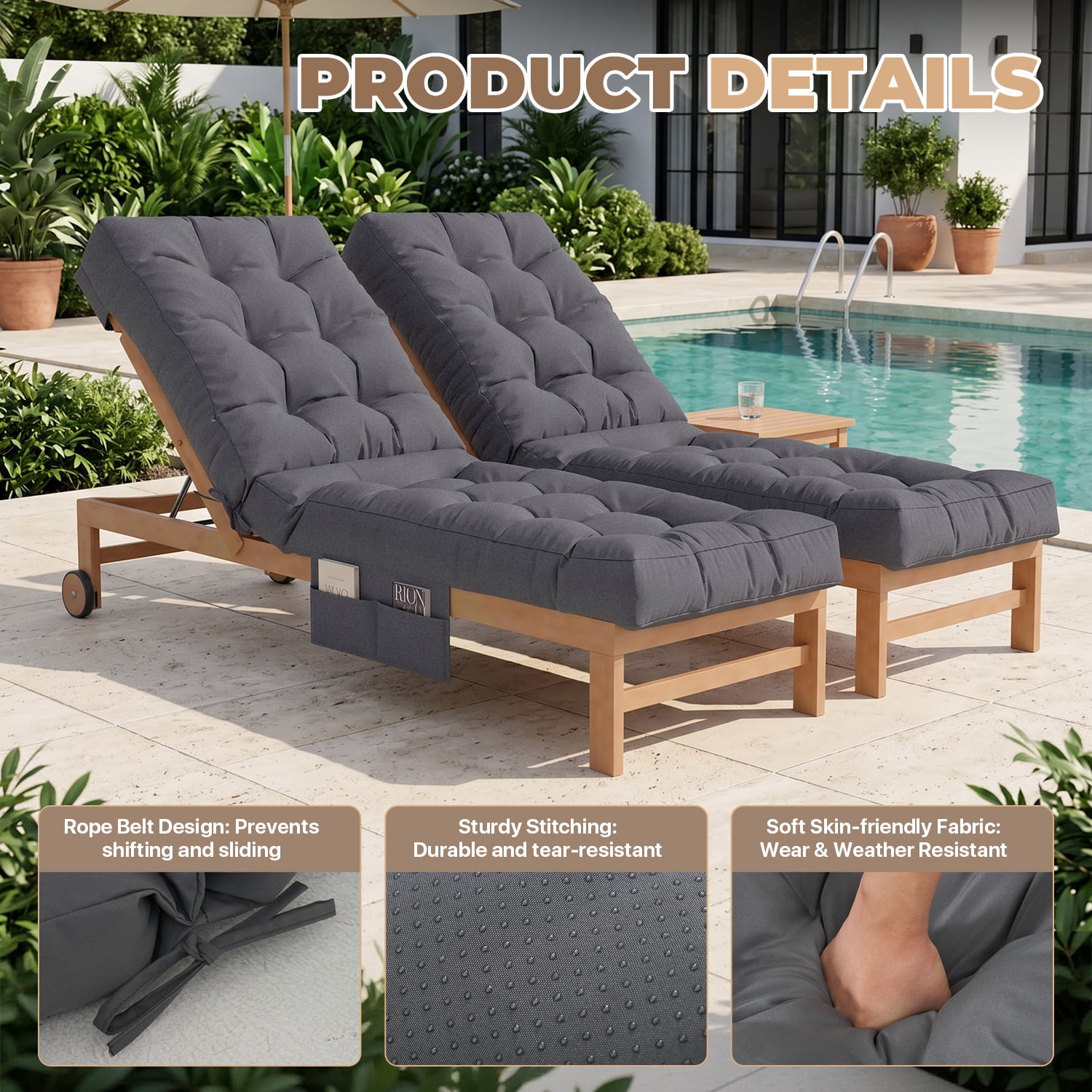 BaPiPro Gray 2-Pack Outdoor Chaise Lounge Cushion with Side Pocket, Triple Non-Slip Fixation, All-Weather Durable & Soft Fabric, Thickened Padding, Ideal for Patio and Poolside Use