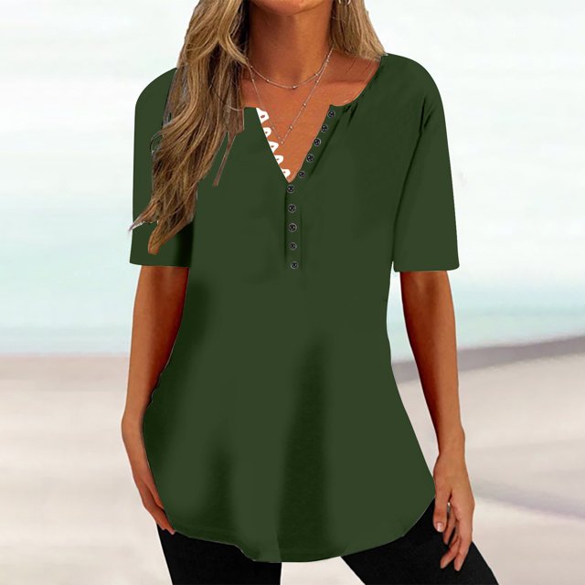 Jsaierl Tuniques d'Été Simples et Amples pour Femmes, Couleur Unie, Col en V Cranté, Ourlet Incurvé, Blouses Polyvalentes à Manches Courtes