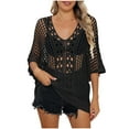 thumbnail image 2 of Women's Swimwear Cover Up V-Neck Smock Hollow Casual Short Solid Color Loose Beach Fashion Smock, 2 of 4