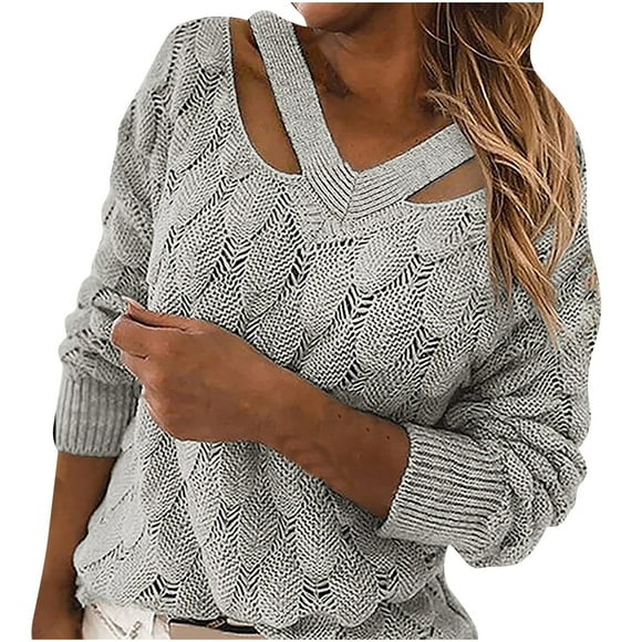 Babysbule Sweaters for Women Clearance Women's Sexy Casual Hollow Out Solid Color Line V-Neck Long Sleeve Sweater Tops Blouse