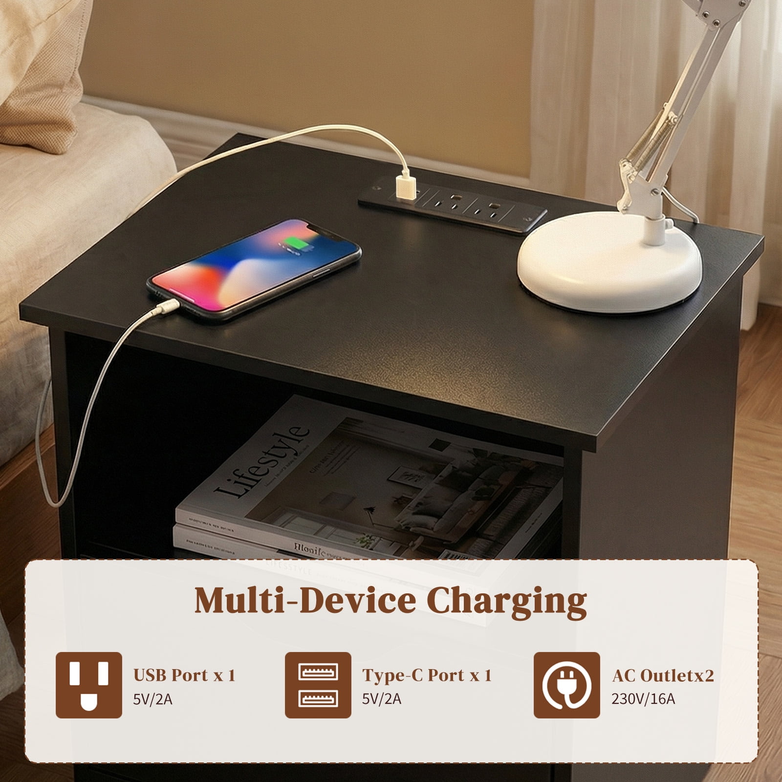 Ktaxon Set of 1 NightStand with Charging Station BedsideTable with 2 Storage Drawers,End Side for Bedroom,Country Style Black