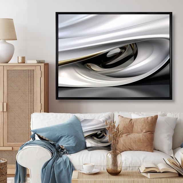 Designart Abstract Modern Waves framed wall art decor, Waves framed wall art, Endless Ripples in Gold and White , Gold Modern black framed wall art, 20x12 inches black frame