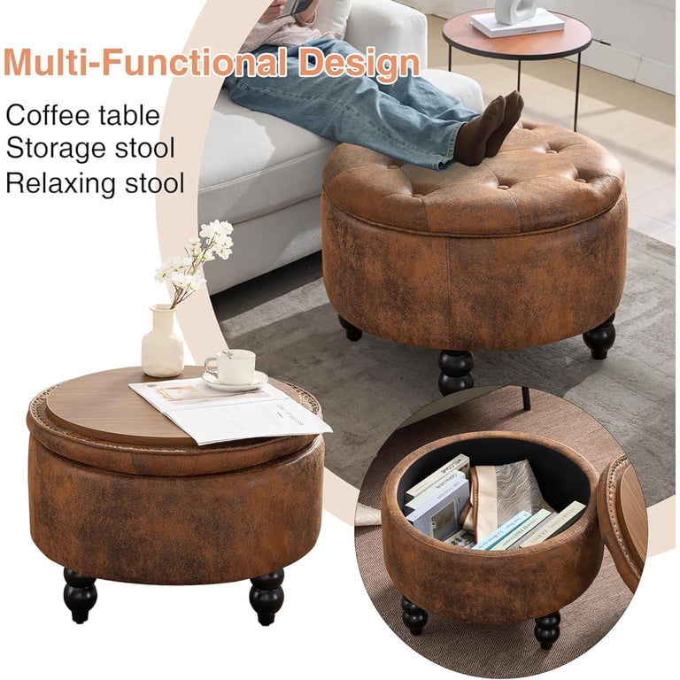 24 Inch Round Storage Ottoman With Tufted Button Top | PU Leather, Light Brown | Removable Lid, Solid Wood Legs