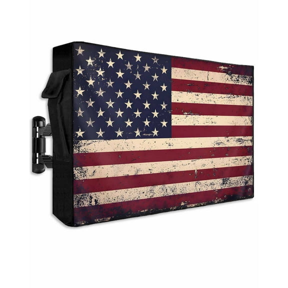 Vintage American Flag Outdoor TV Cover 48 to 50 Inch Weatherproof, Retro Rustic USA Flag 600D Oxford TV Covers with Waterproof Zipper, Outside Flat TV Screen Protector Size 48"W x 30"H x 4.5"D