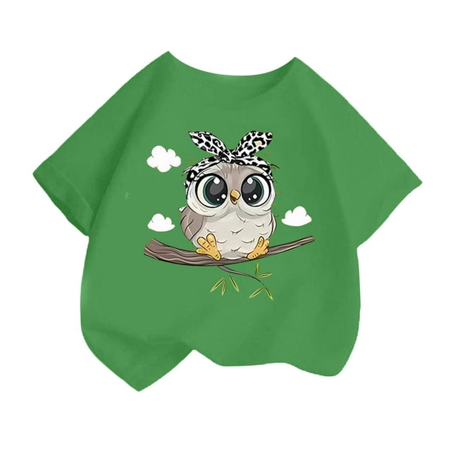 T-Shirts Filles Mignons Imprimés Col Rond Manches Courtes Tee Été Mode Ample Vêtements Bébé Filles Vert 2-4 Ans