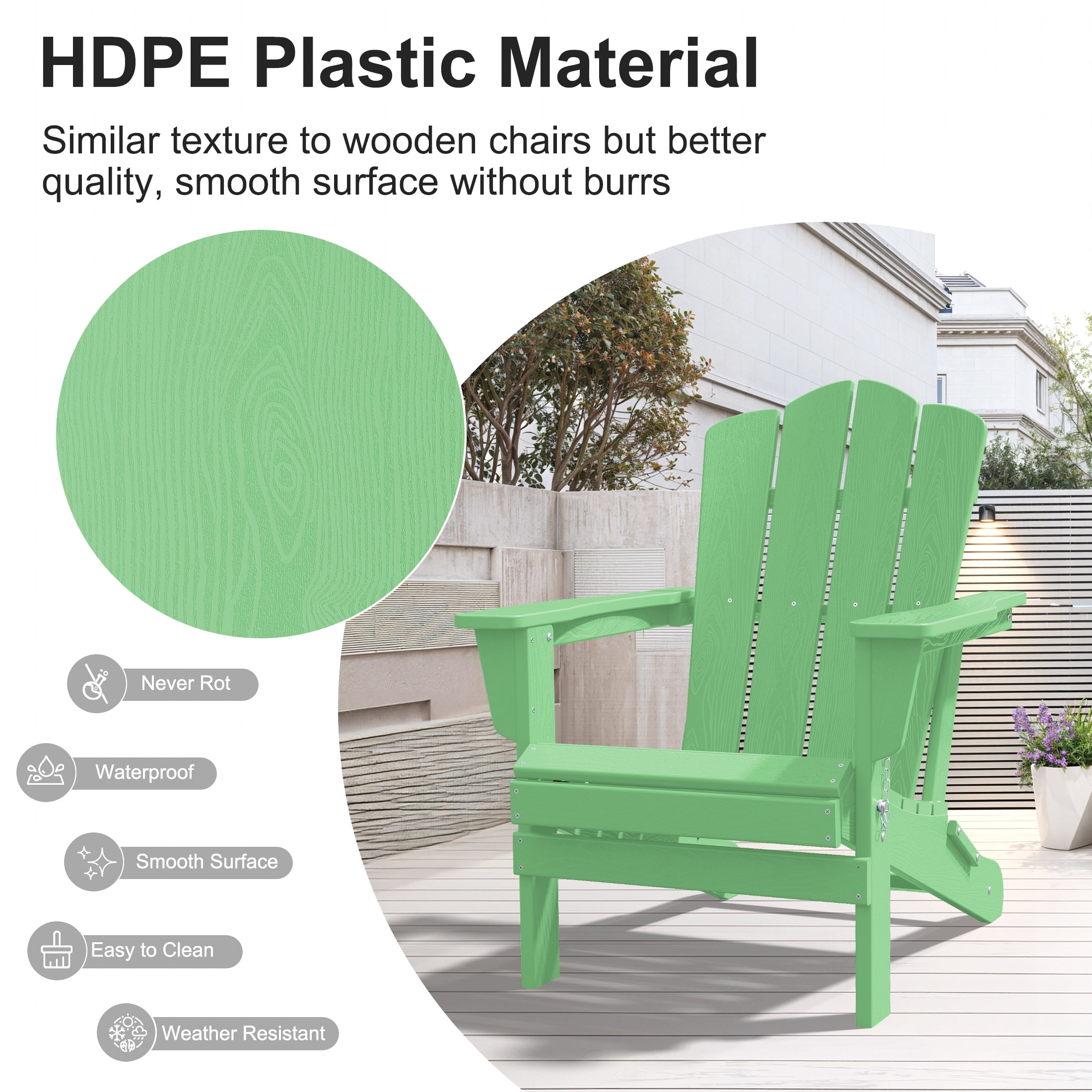 JUSTLET Adirondack Chair, Plastic Folding Outdoor Patio Chairs, Outside HDPE Chairs for Lawn, Yard, Light Green