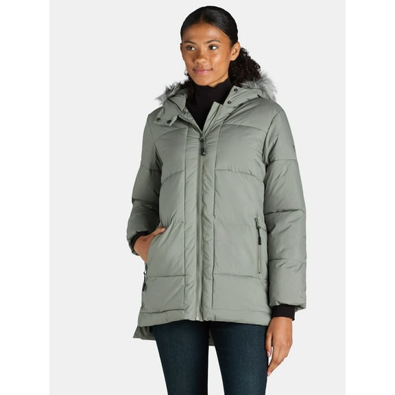 Big Chill Women's and Women's Plus Wide Quilted Puffer Coat with Faux Fur Trim Hood, Sizes S-3X