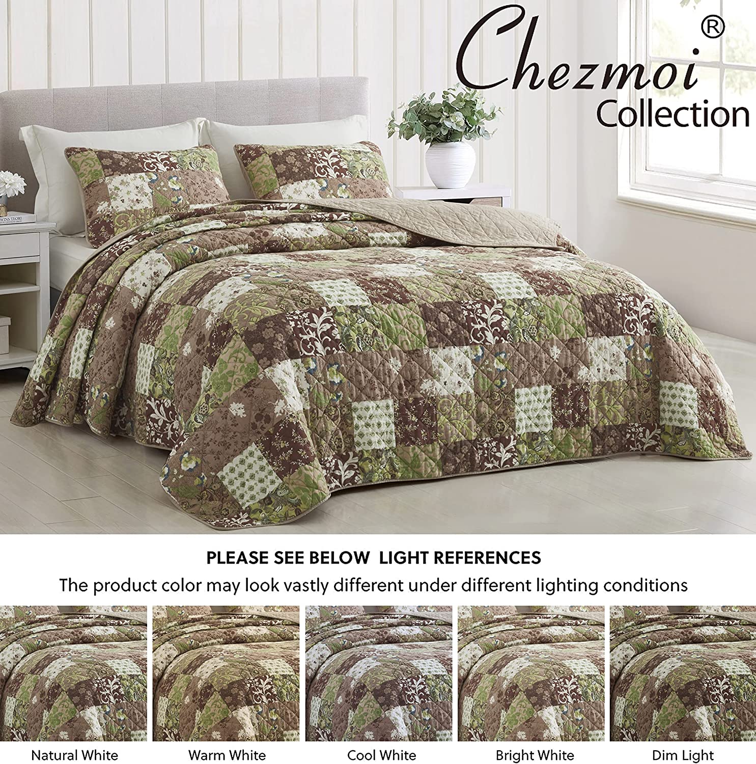 Chezmoi Collection Leilani 3-Piece Boho Washed Cotton Quilt Set Queen Size - Bohemian Quilted Bedding Brown Taupe Green White Floral Printed Patchwork Lightweight Bedspread Set for All Season