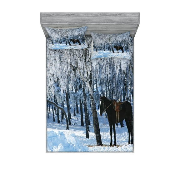 Ambesonne Animal Fitted Sheet & Pillow Sham Set, Winter Forest Theme, Full, Brown White