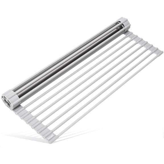 17.5 x 13.1 Inch Roll-Up Dish Drying Rack, Fits Across Sink Openings up to 16.5 Inches, Heavy-Duty Premium Silicone, Strong Support, Non-Slip, Heat-Resistant, Warm Gray