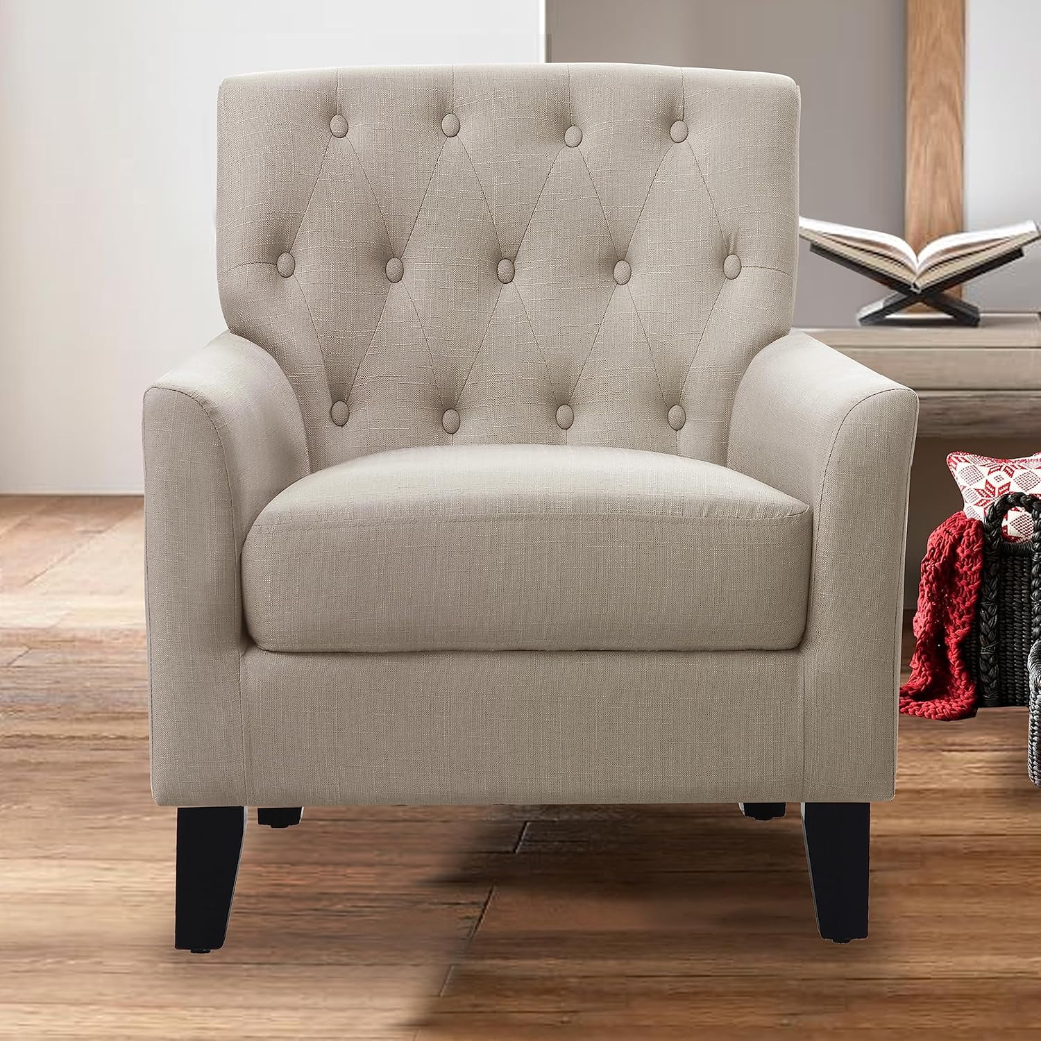 BSHTI Modern Accent Chair with Vintage Rivets Finish, Footrest Chair Set with Solid Wood Legs and Ergonomic Backrest, Button Tufted Upholstered Armchair for Livingroom