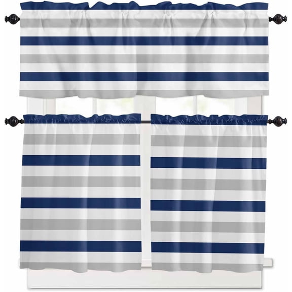 Sage Green Grey Stripe Kitchen Curtains, Farmhouse Watercolor Modern Geometric 3-Piece Kitchen Curtain Valance and Tiers Set 24 Inch Length, Rod Pocket Half Window Curtains for Cafe Living Room