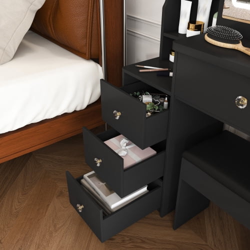 Modern Vanity Desk Set with LED Lighted Mirror, 3 Lighting Modes, Adjustable Brightness, 4 Drawers, Open Storage Shelves, Power Outlet & Hair Dryer Holder, Dressing Chair, Black