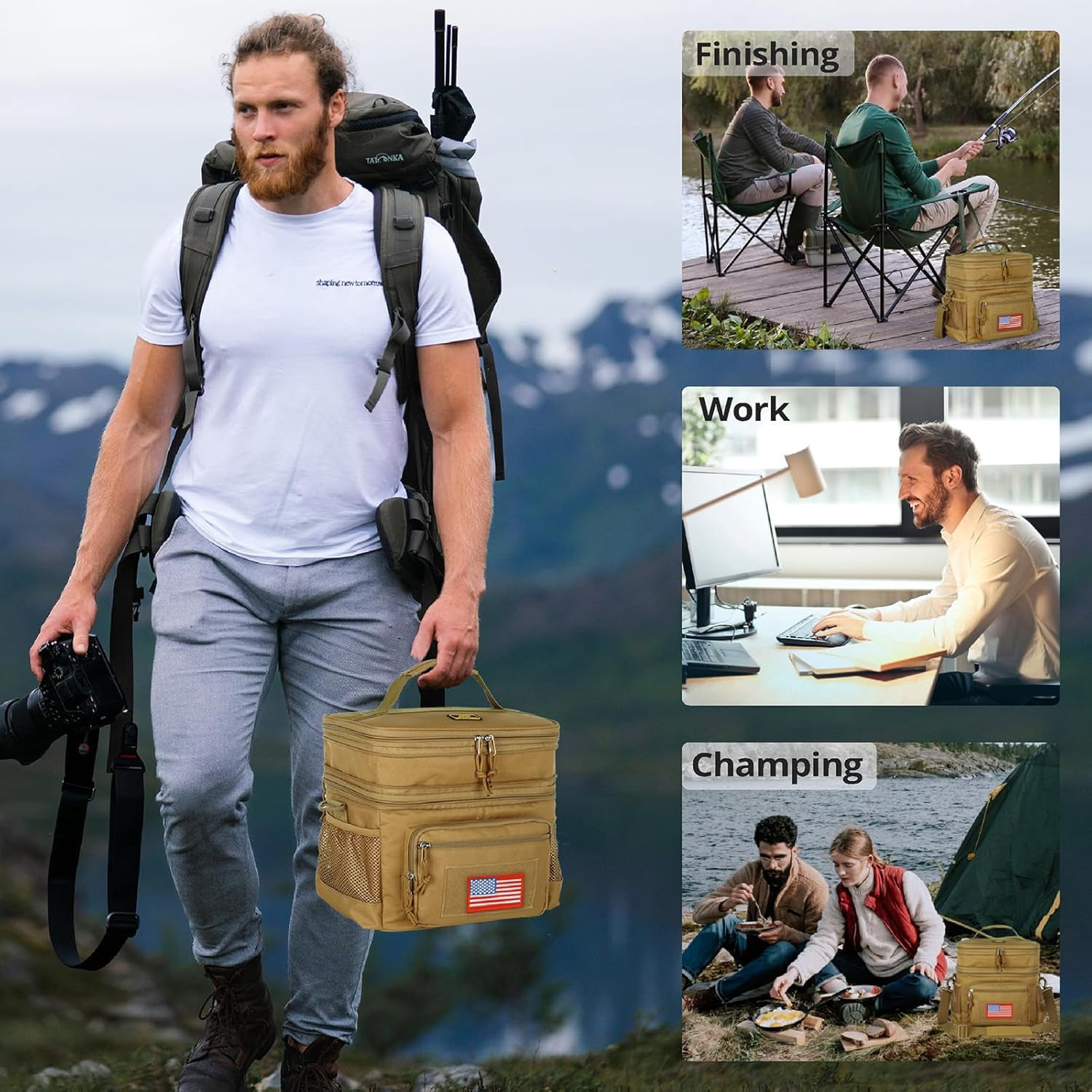TRIPGEAR Double Deck Lunch Box for Men, Lunch Cooler Bag Work with Shoulder Strap Webbing Large Capacity Leakproof Insulated(19.5 Brown)