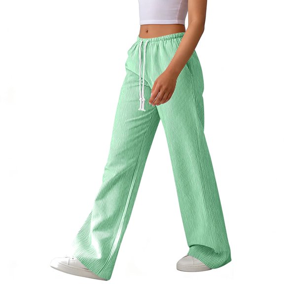 Costeam Womens Vertical Striped Wide Leg Pants Self Fabric Drawstring Elastic High Waist Side Slip Pockets Full Length Floor Sweeping Lightweight Wrinkle Friendly Loose Flowy Casual Trousers