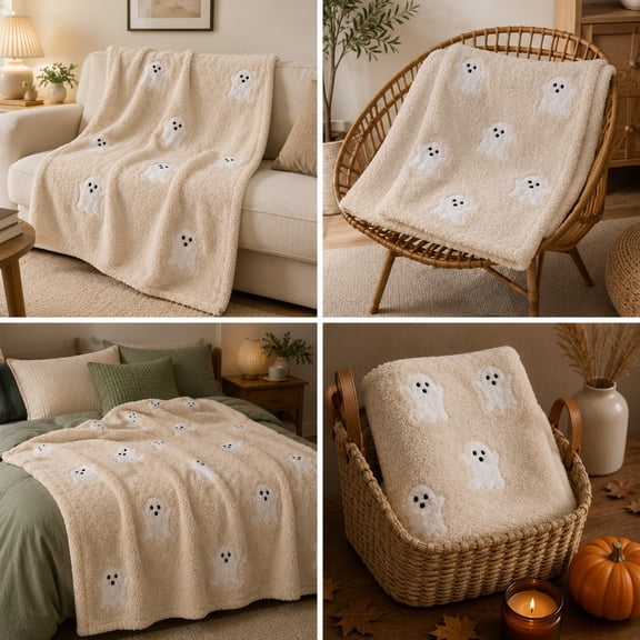 EWASWON Clearance Halloween Throw Blanket, Cute Ghost Plush Flannel, Soft Cozy for Couch & Bed, Neutral Fall Decor, 59x39
