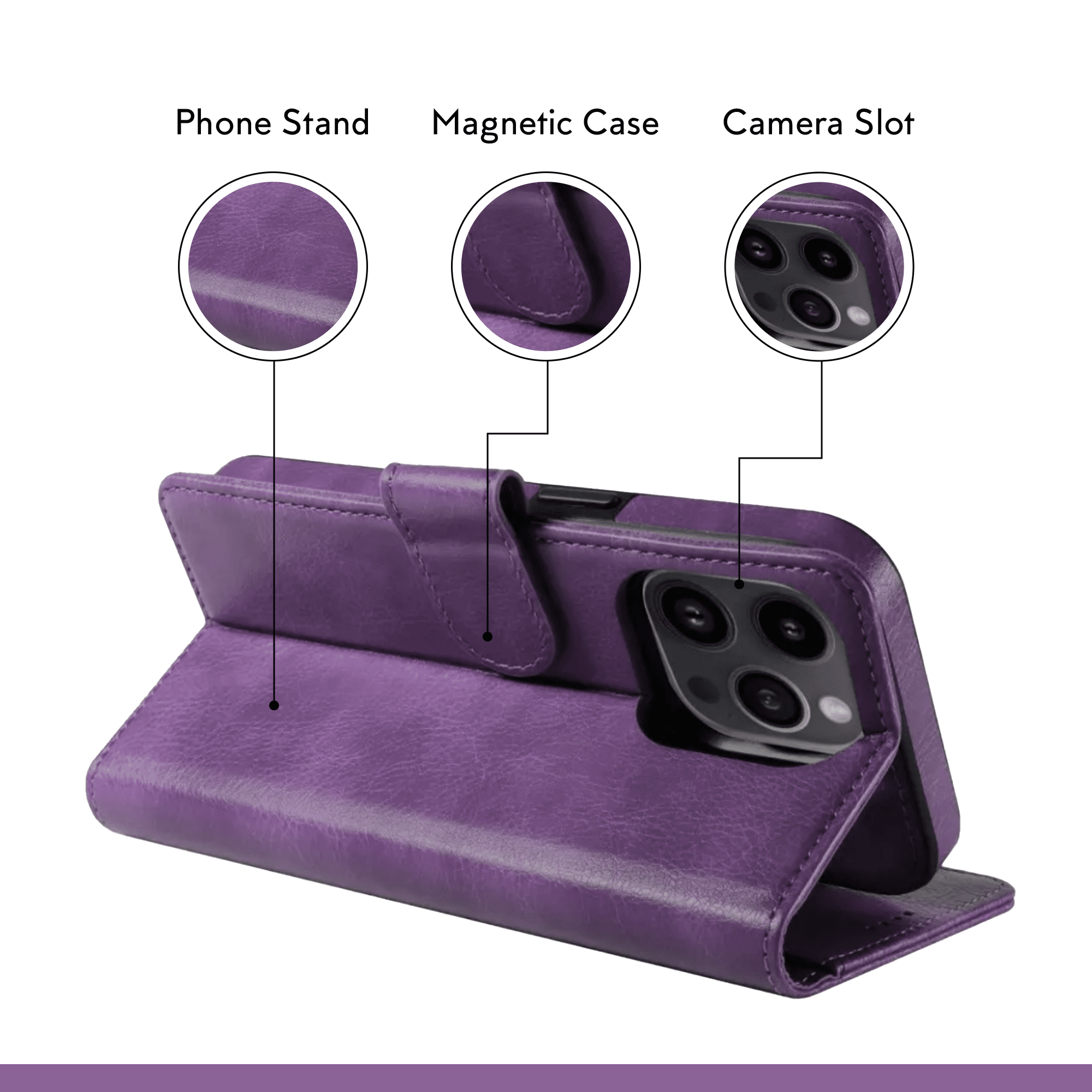 RadEnergy Leather Wallet Case with EMF Protection and Stand for iPhone 15 Pro – Purple