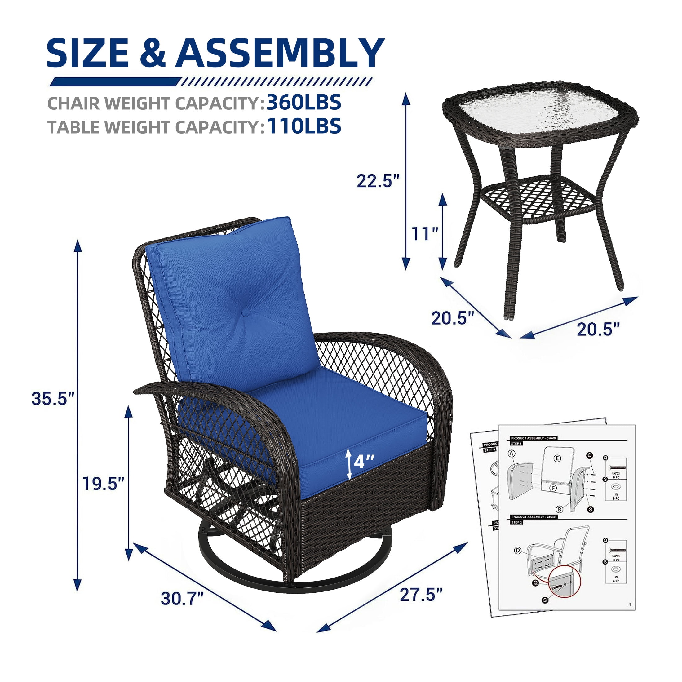 Techmilly 3 Pieces Patio Furniture Set, Outdoor Swivel Gliders Rocker, Wicker Patio Bistro Set with Rattan Rocking Chair for Porch Deck Backya (Navy Blue)