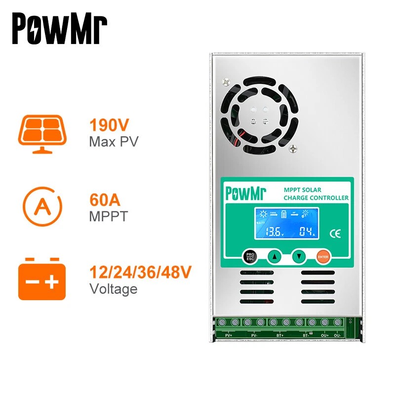 PowMr 60A MPPT Solar Charge Controller, 12V/24V/36/48VDC Input, LCD Display Solar Charge Controller Regulator For Flooded Lead-acid Vented Sealed Gel NiCd Lithium Battery