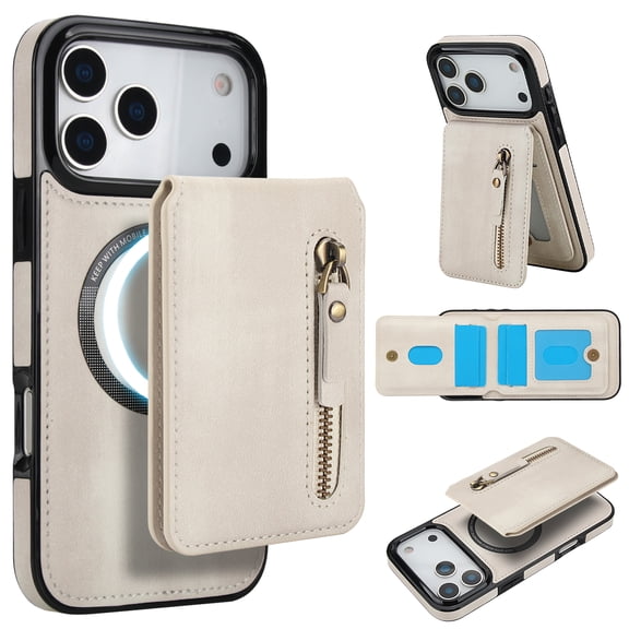 Detachable Strong Magnetic Case for iPhone 17 Pro Max, 2-in-1 Zipper Card Slots Wallet Multi-view Kickstand PU Leather Phone Cover - Compatible with MagSafe Wireless Chargers, White