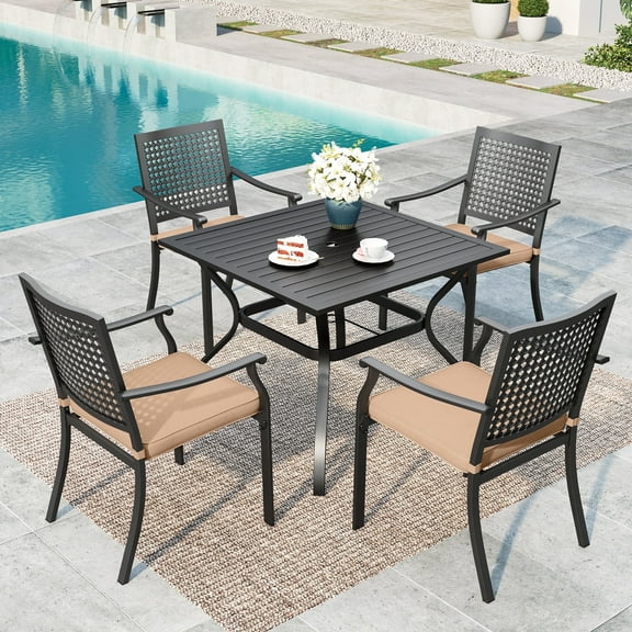 Summit Living 5-Piece Outdoor Patio Dining Set with 4 Steel Stackable Armchairs with Cushions (Weight Capacity 350 lbs) & 1 Metal Square Table with Umbrella Hole, Black & Brown