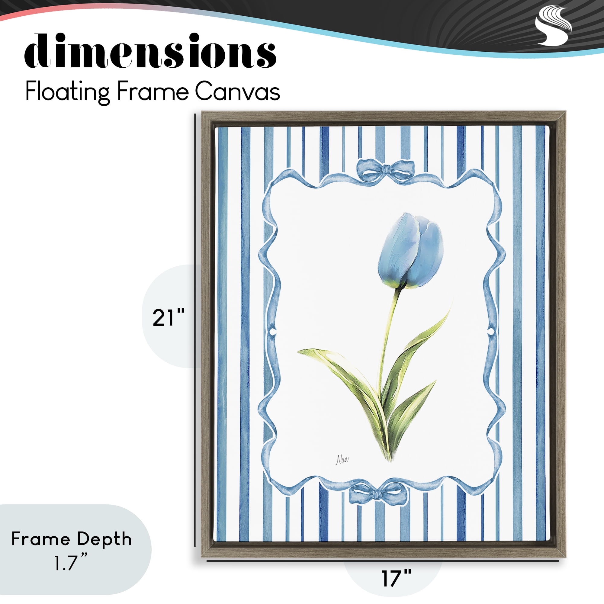 Stupell Industries Blue Tulip & Ribbon Border Brown Framed Floater Canvas Wall Art, design by Nan