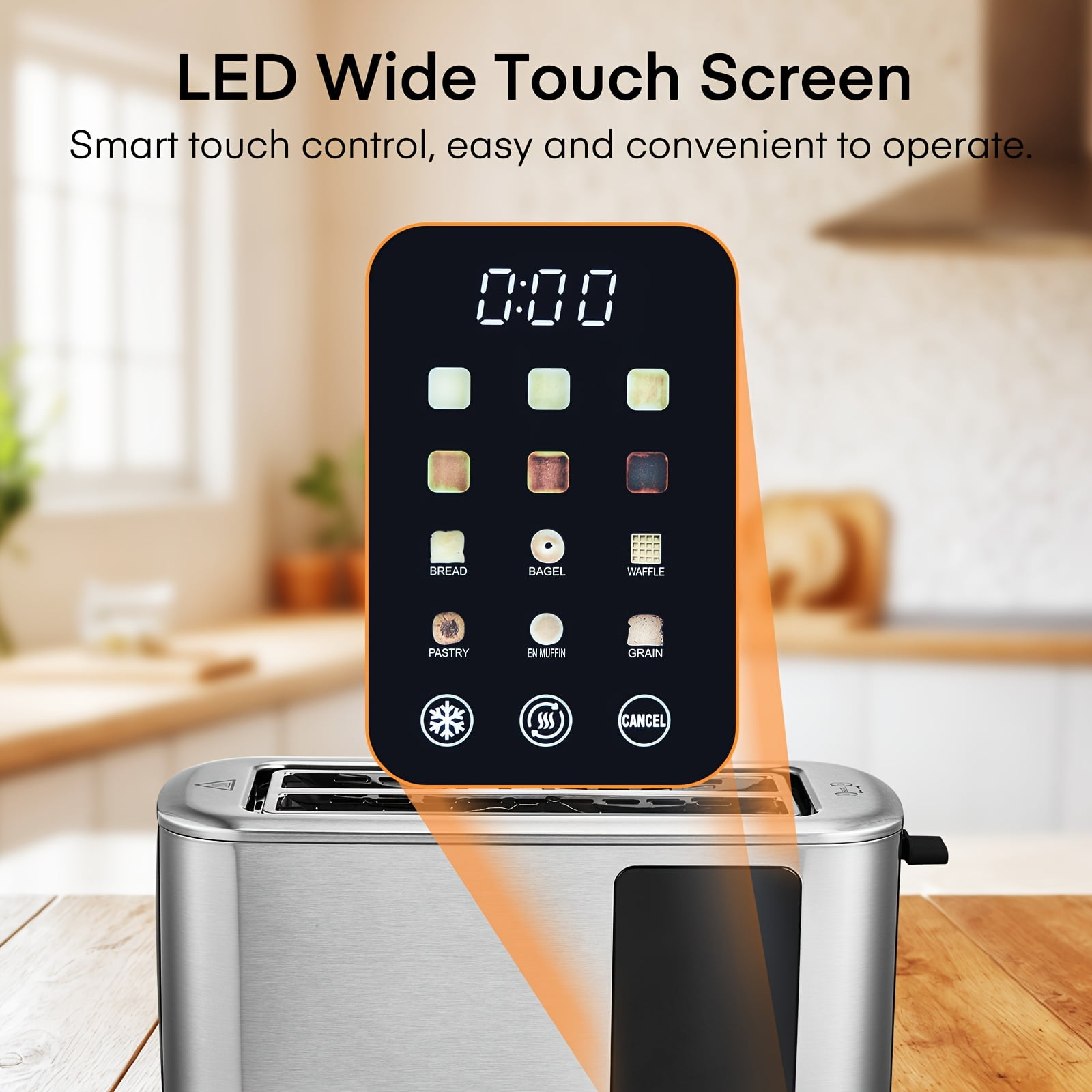 Stainless Steel 4-Slice Toaster with Touch Screen, Extra Wide Slots, 6 Bread Types & 6 Shade Settings, Defrost Reheat Cancel Functions, Removable Crumb Tray, Silver